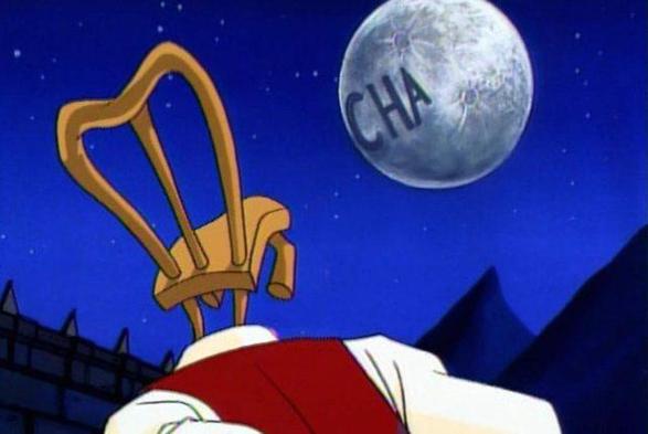 Cartoon scene of main in shirt, vest, and tie, but with a wooden dining chair for a head, looking into the night sky at the moon with the letters “CHA” carved into it (the “A” is not quite complete).