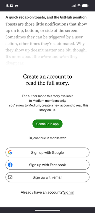 The post fades out and shows the following text: Create an account to read the full story.
The author made this story available to Medium members only.
If you’re new to Medium, create a new account to read this story on us.
Continue in app.
Or, continue in mobile web.