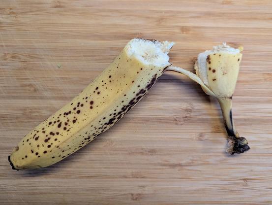 A banana still in its peel, but the top couple inches of banana, still in the top couple inches of peel, have been ripped away, hanging off the rest of the banana by a thin strip of peel.