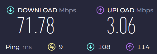 Speed test results showing download speed of 71.78 Mbps and upload speed of 3.06 Mbps, with 9ms idle latency, 108ms download latency, and 114ms upload latency.