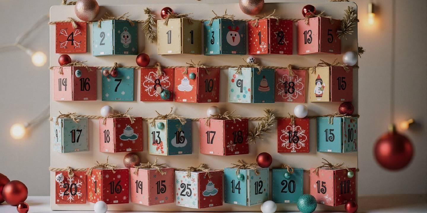A calendar with 24 colourful boxes, pretty lights and baubles