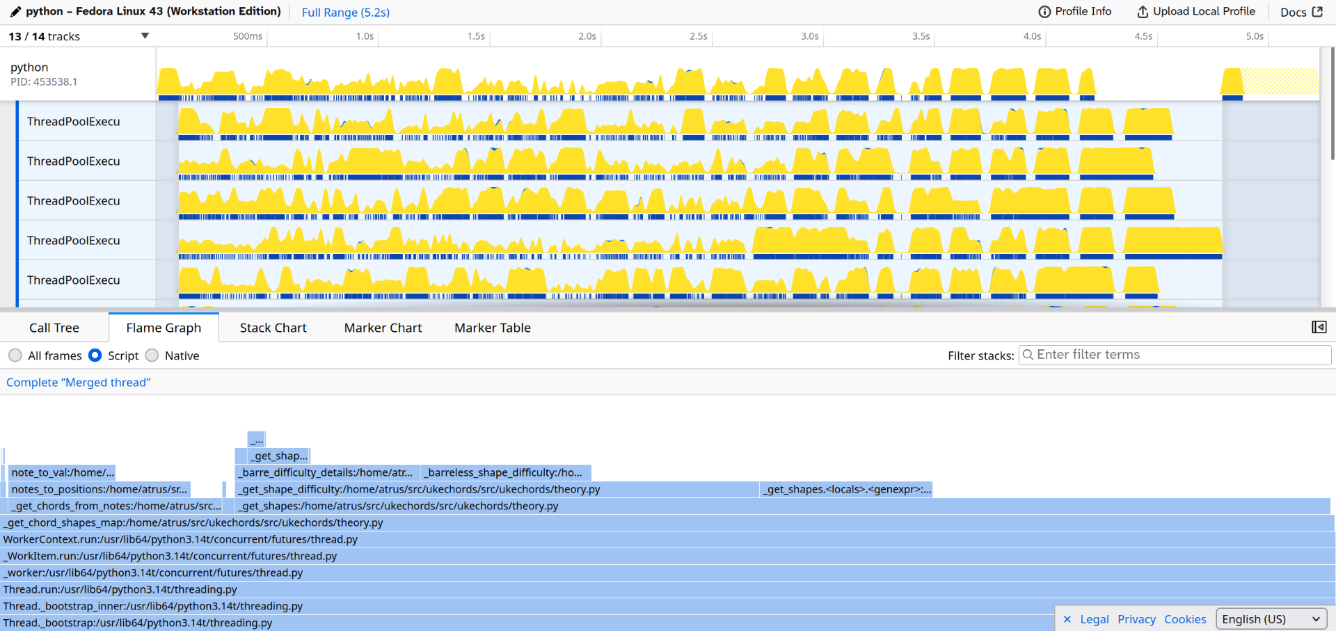 Screenshot of "Samply" showing the flame-graph breaking down where samples showed the call stack of a python project were located proportionally
