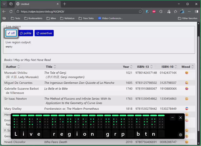 A 16 cell Braille display emulator across a window showing a sortable HTML table with buttons to control an associated live region.
