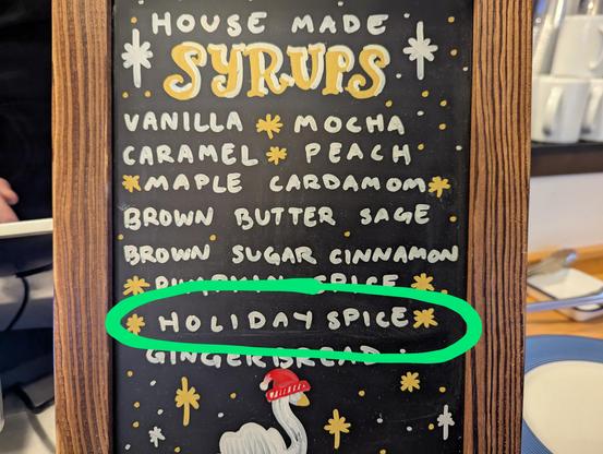 Sign at a cafe listing house made syrups, with “holiday spice” circled by me; others include vanilla, mocha, caramel, peach, maple cardamom, brown butter sage, brown sugar cinnamon, pumpkin spice, and ginger bread.