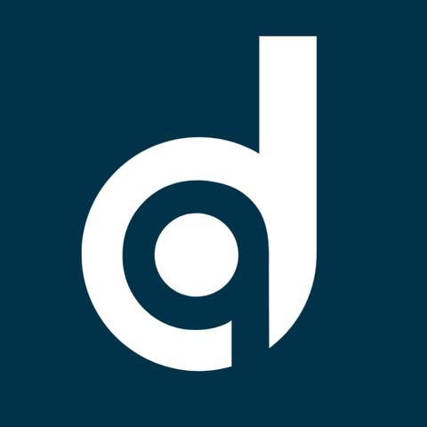 A white lower-case ‘d’ with a lower-case ‘q’ set into its bowl, overlapping and sharing it but retaining the ascender of the ‘d’ and clipping the descender of the ‘q’ to create negative space against the navy blue background.