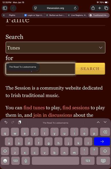 A search input on theSession.org where the value of a search suggestion covers the text in the input, even though he suggested text is about half the size of the rest of the text on the page.