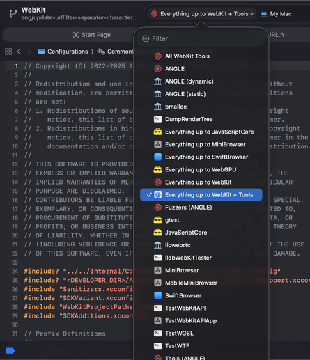 Screenshot showing the list of schemes available in the WebKit workspace in Xcode.