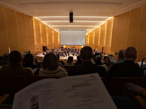 Balcony view of stage with tall, honey-colored wood walls with vertical lights behind the panels as they layer out from the back wall; the orchestra is getting settled on the stage.