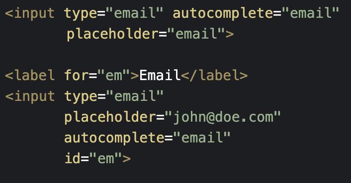 HTML example with a wrong and a correct input, one relying on a placeholder to tell the user what it is and the other having a proper label and describing the format of the data expected.