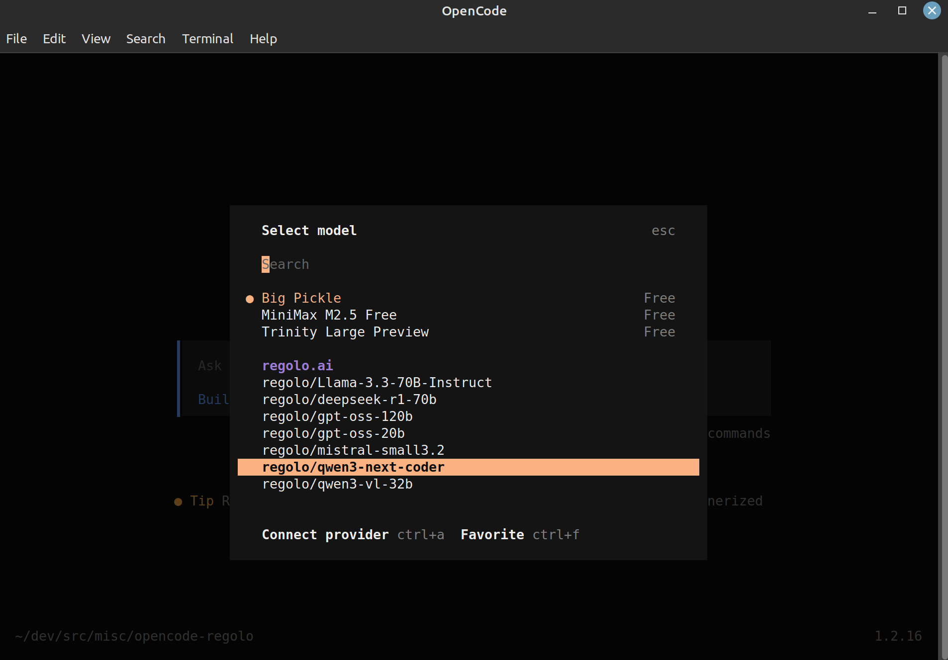 Screenshot of OpenCode model selection prompt listing models from Regolo