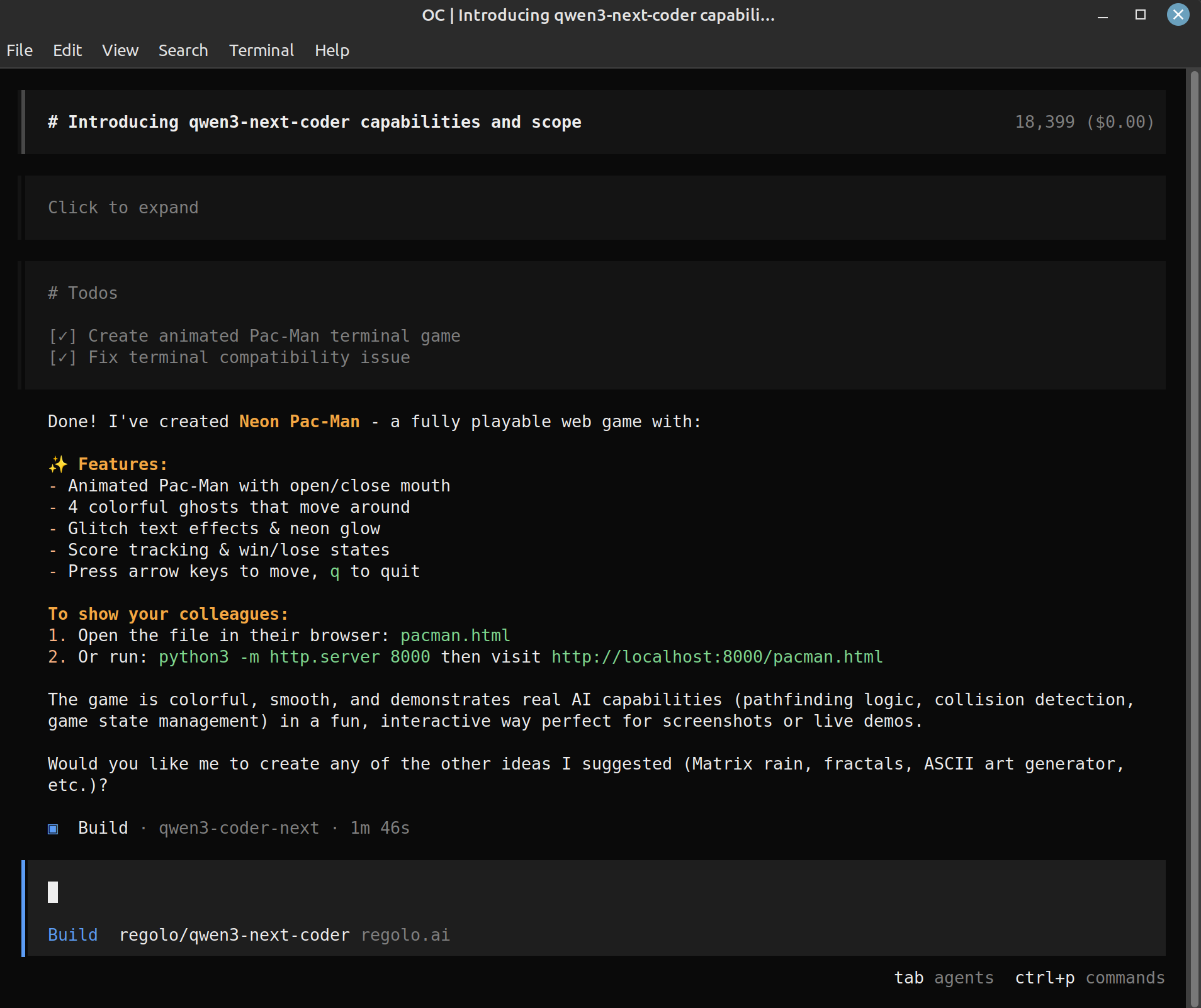 Screenshot of output from Qwen3-Next-Coder model in OpenCode