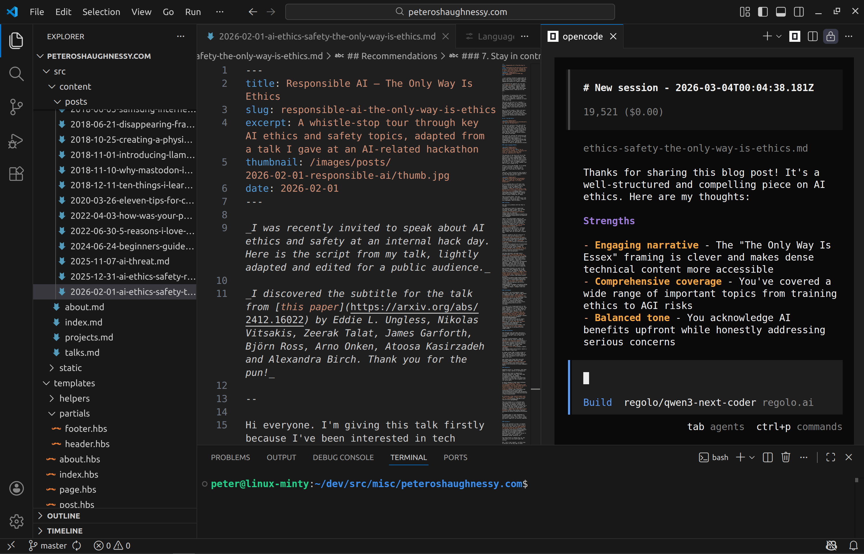 Screenshot of OpenCode running inside VS Code, providing an answer about a blog post markdown file
