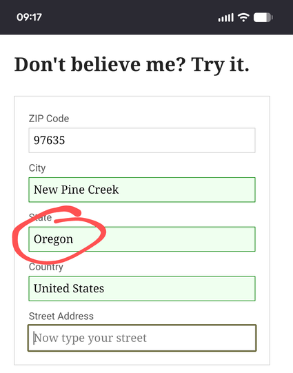 The Zip Code First site with ZIP “97635” in one field and “New Pine Creek”, “Oregon” auto-completed for city and state; “Oregon” is circled in red.
