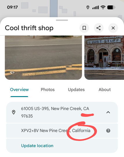 Google Maps opened to “Cool Thrift Shop” in New Pine Creek, California, with ZIP 97635; “California” is circled in red.