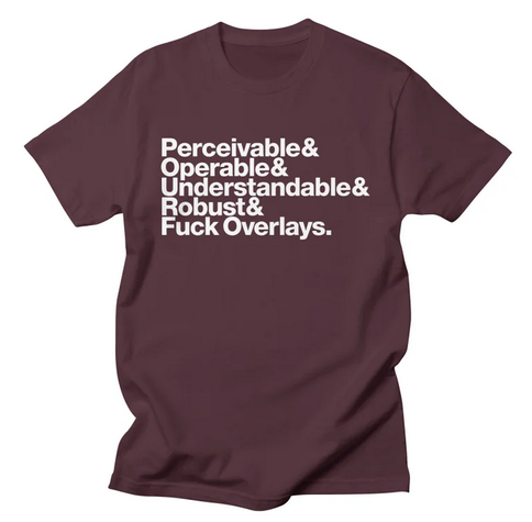 White text on a maroon tee, stacked vertically: “Perceivable & Operable & Understandable & Robust & Fuck Overlays”