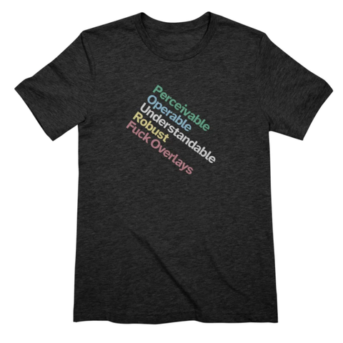 A dark heather gray tee with five line of text angled from the upper-left to bottom-right corner, each in a different color: green, blue, gray, yellow, and red. Set in Atkinson Hyperlegible, the words are: Perceivable, Operable, Understandable, Robust, Fuck Overlays.