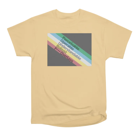 A light yellow tee with a dark gray field with five light stripes going from the upper-left to bottom-right corner: green, blue, gray, yellow, and red. Set in Atkinson Hyperlegible within each stripe is a word: Perceivable, Operable, Understandable, Robust, F*** Overlays.