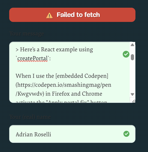Chrome: Big red box over my comment submission with the text “Failed to fetch.”