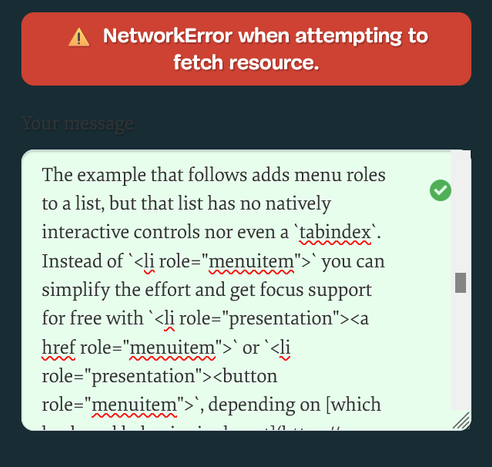 Firefox: Big red box over my comment submission with the text “NetworkError when attempting to fetch resource.”