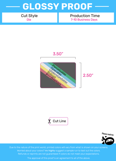 A Sticker Ninja proof sheet showing the cut lines for a 3½ × 2½ sticker of a dark gray field with five light stripes going from the upper-left to bottom-right corner: green, blue, gray, yellow, and red. Set in Atkinson Hyperlegible within each stripe is a word: Perceivable, Operable, Understandable, Robust, F*** Overlays.