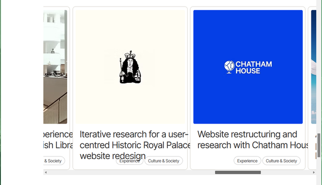 Horizontal scrolling container on a web page with 2 ‘slides’ and part of a third visible, all with prominent large images, large text that flows outside each slide and is clipped by the slide that follows it, and which in turn clips text sitting below it in little pill-like boxes.