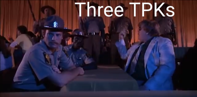 John Candy looking off to a standing cop, rotating his finger in the air, and calling out, “Three TPKs!”
