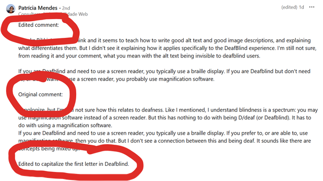 A LinkedIn comment shown as edited, but the poster has also added “Edited comment” at the start of the new content, “Original comment” at the start of what was there before the edit, and statement at the end to identify what was changed in the edit.