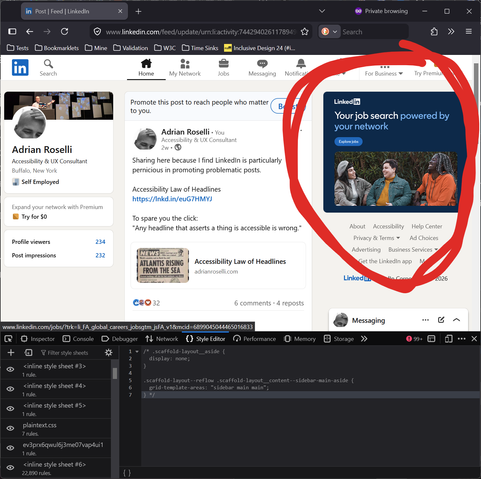 LinkedIn at desktop resolution showing a sidebar on the right featuring an ad for LinkedIn and a bunch of links that should be in a footer, all taking space away from content and leaving a large gap down the right side of the page.