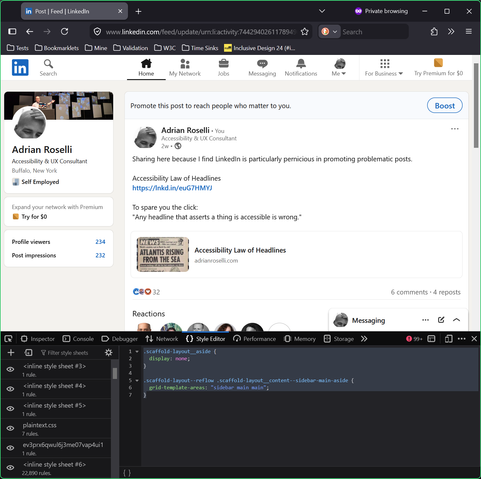 The same page with the styles applied, so the sidebar on the right is gone and the content has expanded to fill the space.