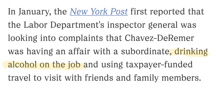 In January, the New York Post first reported that the Labor Department's inspector general was looking into complaints that Chavez-DeRemer was having an affair with a subordinate, drinking alcohol on the job and using taxpayer-funded travel to visit with friends and family members.