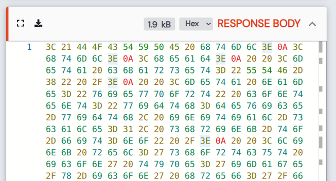 A hex view with bytes coloured by value - in this case HTML (lots of ascii values with similar colours, and quite a few symbols for the < > etc)