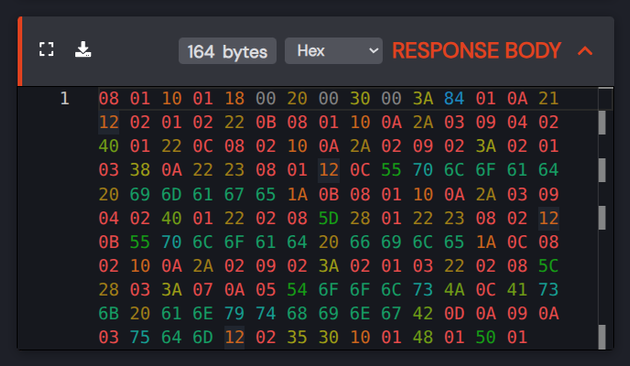 A hex view with bytes coloured by value - in this case protobuf - a mix of ascii strings and very low 0X bytes.