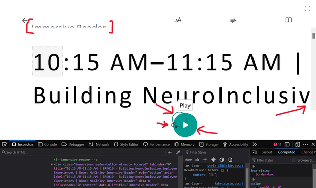 The new view where the bottom half of the “Immersive Reader” is clipped, the lines of text run out of the viewport to the right with no scrollbar, the Play and Voice Settings buttons overlap one another, and the circle defining the bounds of Voice Settings is itself offset above the icon and mostly over the Play button.