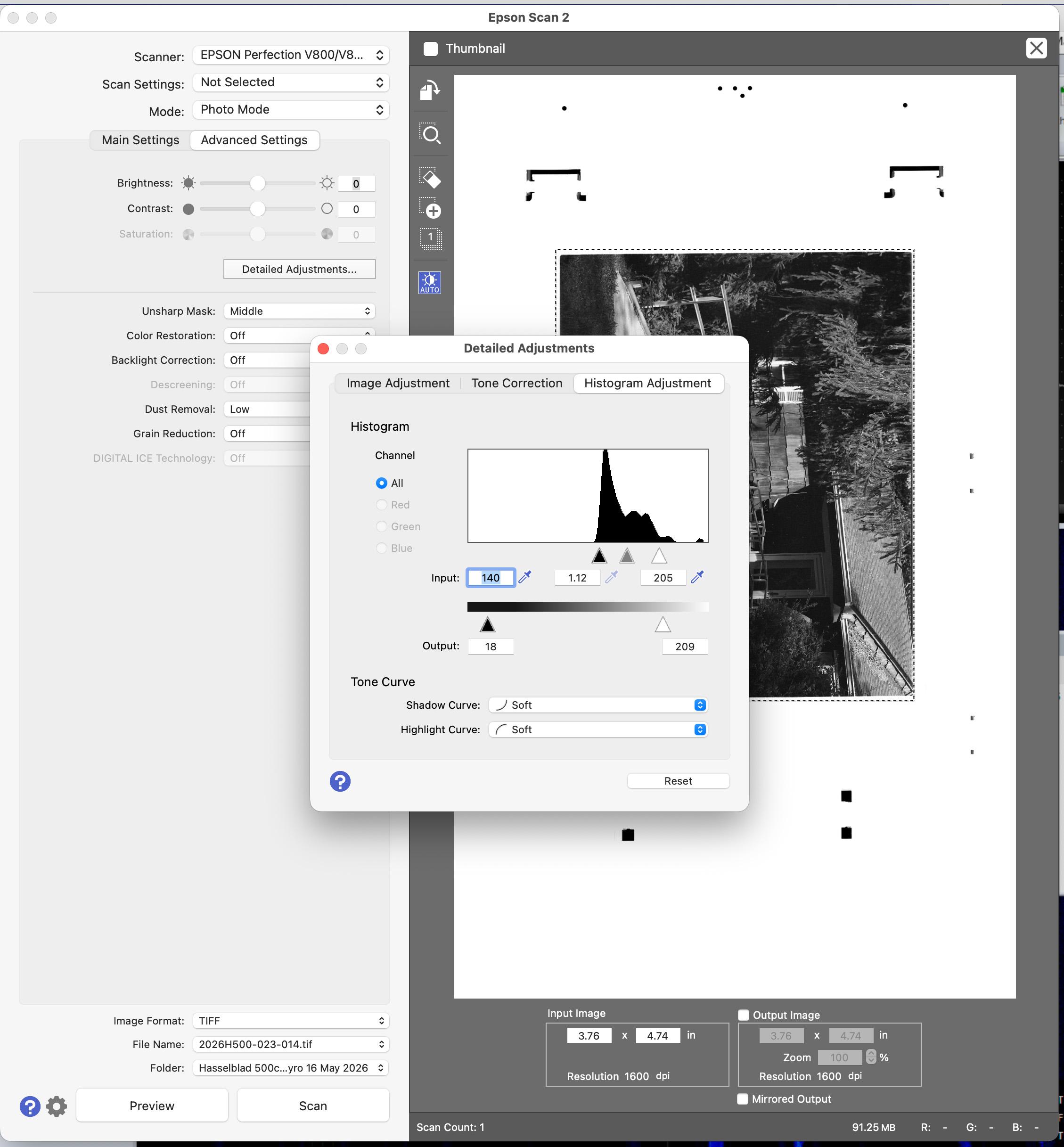 A histogram for a shot taken at EI 100 shows a broad spread but starts farther right than preferred.