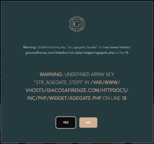 Modal dialog: “Warning: Undefined array key "str_agegate_header" in /var/www/vhosts/giacosafirenze.com/httpdocs/inc/php/widget/agegate.php on line 16. Warning: Undefined array key "str_agegate_step1" in /var/www/vhosts/giacosafirenze.com/httpdocs/inc/php/widget/agegate.php on line 18.” Then two buttons, “Yes” and “No.”