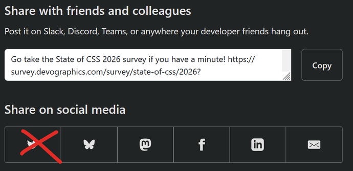State of CSS Survey with a heading to “Share on social media” followed by icons for Twitter (which I’ve crossed out), Bluesky, Mastodon, Facebook, LinkedIn, and email.