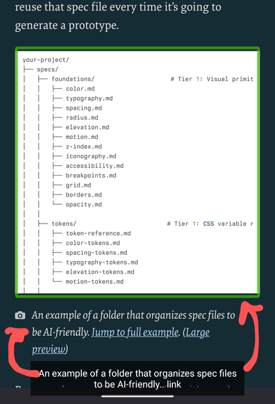Article showing a representation of a folder structure, but as an image with the visible caption, “Example of a folder that organizes spec files to be AI-friendly,” which matches the image alternative text instead of detailing the structure; it links to the source of the example.
