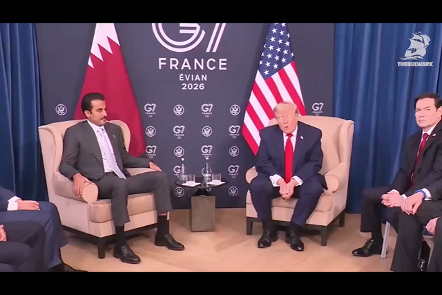 Trump sitting with Qatar’s Emir in a press conference, with a cutaway to a map showing Qatar and Iran do not share a land border because the Persian Gulf separates them, ending with a close-up of the Emir’s pained stare into the cameras as Trump makes his statement about them sharing a land border.