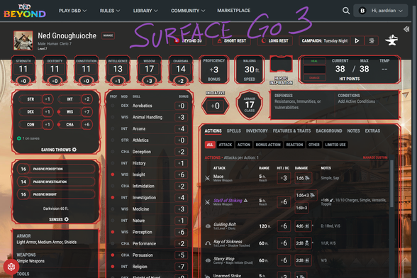 My D & D Beyond character sheet, with all attributes saves, skills, and most actions and weapons visible without scrolling, despite the fixed nav bar; the image is labeled Surface Go 3.