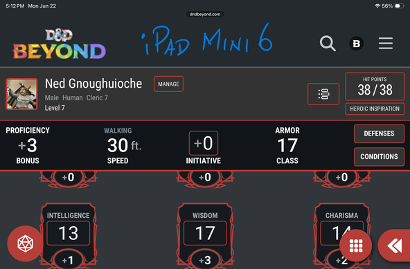 Same character sheet in landscape mode, but only three attributes are visible, along with four other stats, and not much else, while the fixed nav bar and character name take up half the height of the screen; the image is labeled iPad Mini 3.