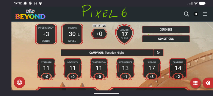 The same sheet also in landscape mode, all attributes visible, plus a few other stats with the fixed nav bar only taking a quarter of the height; this is labeled Pixel 6.