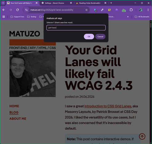 The browser’s prompt that appears after activating the bookmarklet, asking for the selector to search and my entry of .grid-lanes in the text box.