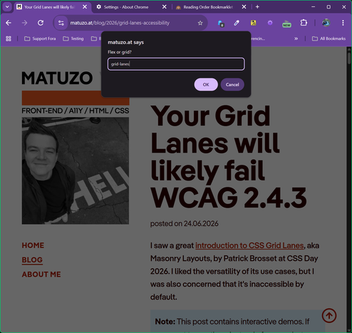 The next browser prompt asking me if I want flex or grid, and I have typed in grid-lanes.
