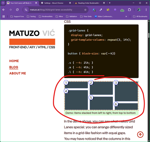 The page scrolled to the first grid lanes example, and the numbers from the bookmarklet added to the top left corner of each box, matching the order of the DOM.