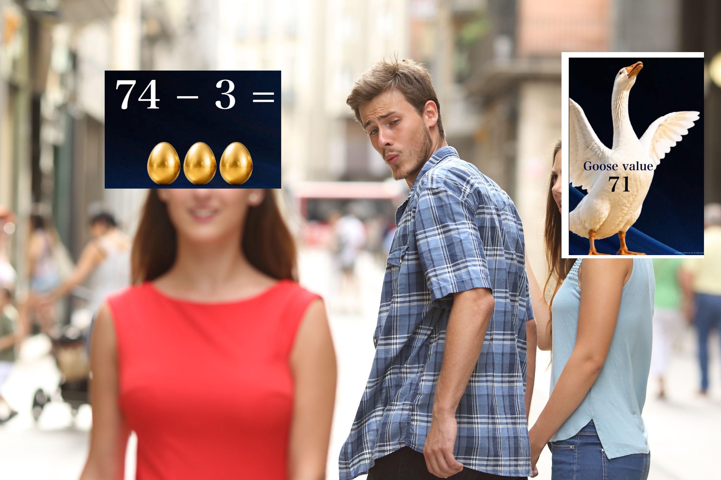 distracted boyfriend meme but the blue girlfriend is Goose value 71 and the passerby lady is 74 - 3 = golden eggs with an apparently interesting posterior (or cool shoes? boyfriend gaze unclear…)