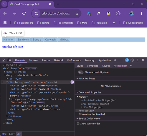 Chrome dev tools showing a DIV with no role but with focus group = toolbar, and the accessibility inspector showing its programmatic role as toolbar.