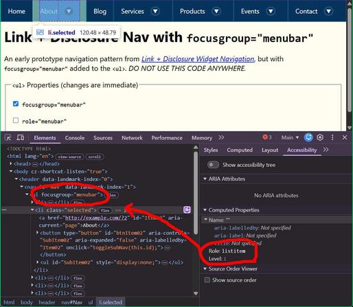 Dev tools showing focusgroup="menubar" on the <ul> and the <li> reporting its role as listitem.