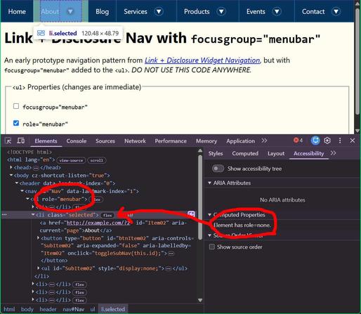 Dev tools showing role="menubar" on the <ul> and the <li> reporting its role as none.