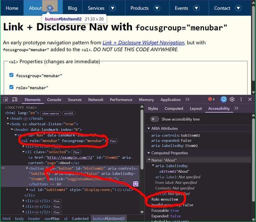 Dev tools showing focusgroup="menubar" and role="menubar" on the <ul> and the <button> reporting its role as menuitem.