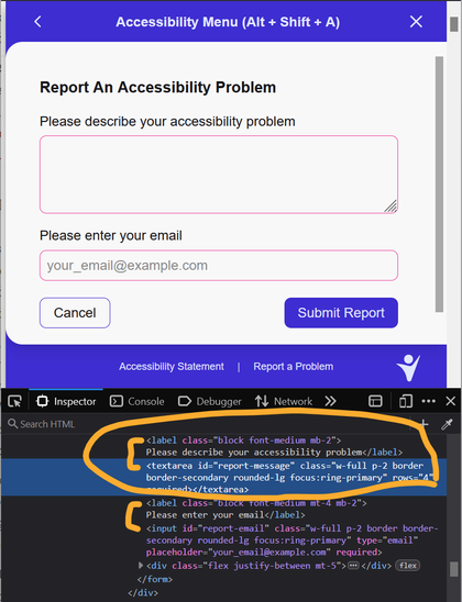 “Report An Accessibility Problem” form with a textarea preceded by the visible label “Please describe your accessibility problem”, which dev tools shows is not associated with the field, and then a text field with the label “Please enter your email”, and which is also not associated with the field (though the field has placeholder text).